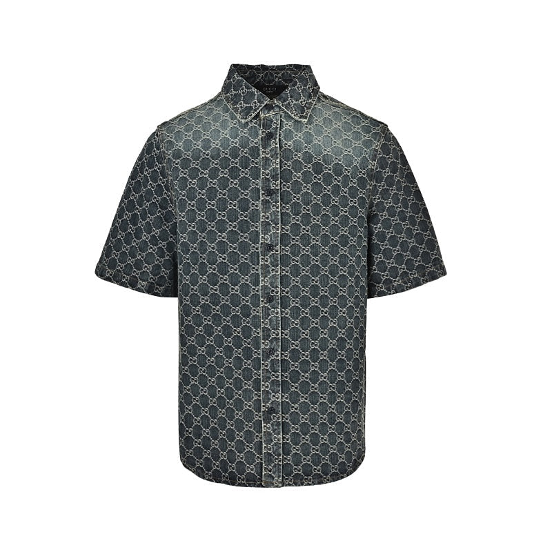 Exclusive Gucci GG Monogram Washed Denim Short-Sleeve Shirt — 46 — Side View