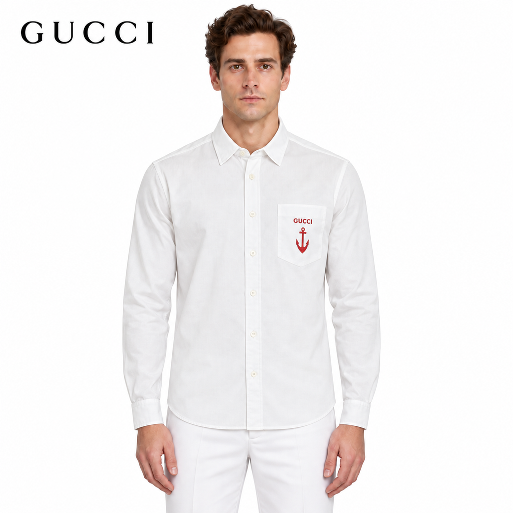 Exclusive Gucci Anchor Embroidered Striped Cotton Long-Sleeve Shirt – White — S — Front View
