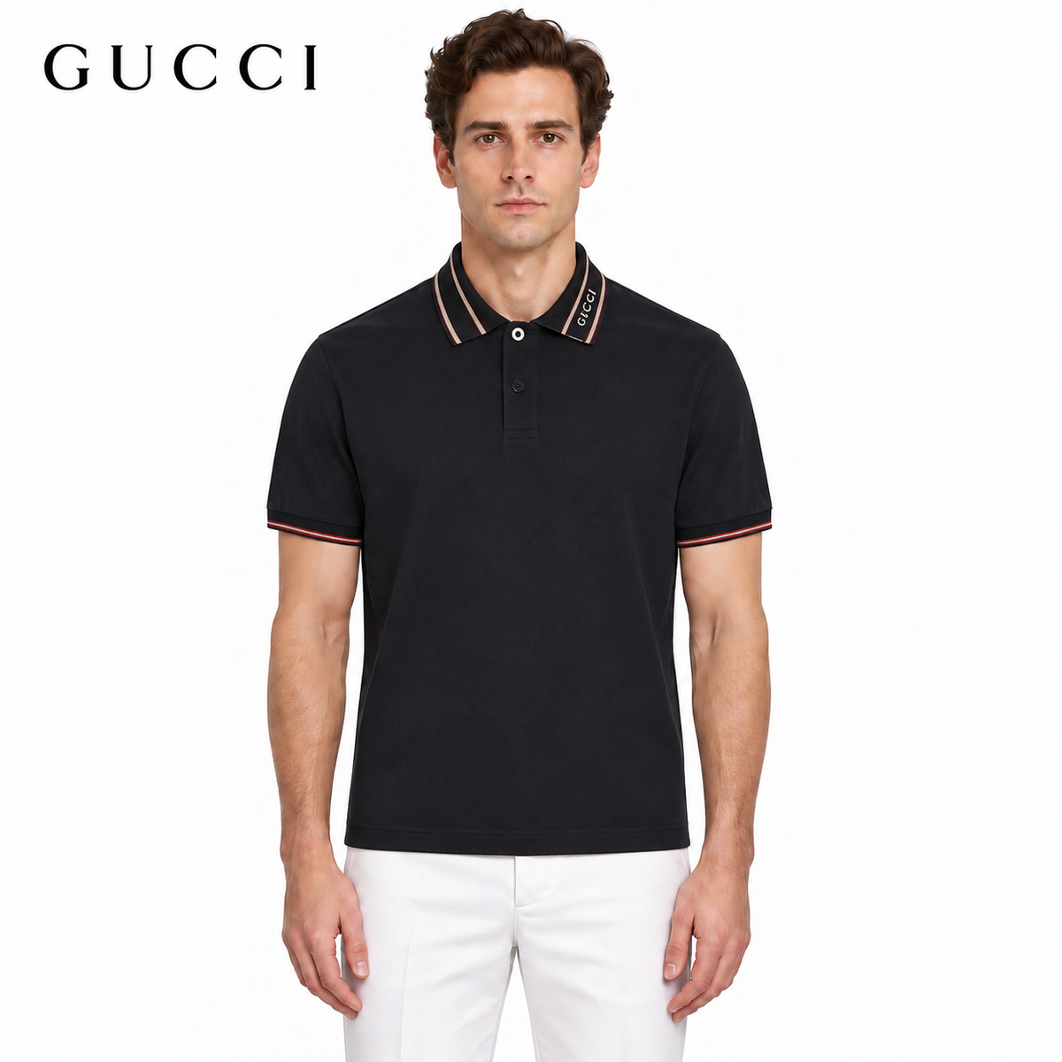 Exclusive Gucci Web Stripe Tipped Polo Shirt — White — Size XS — Front View