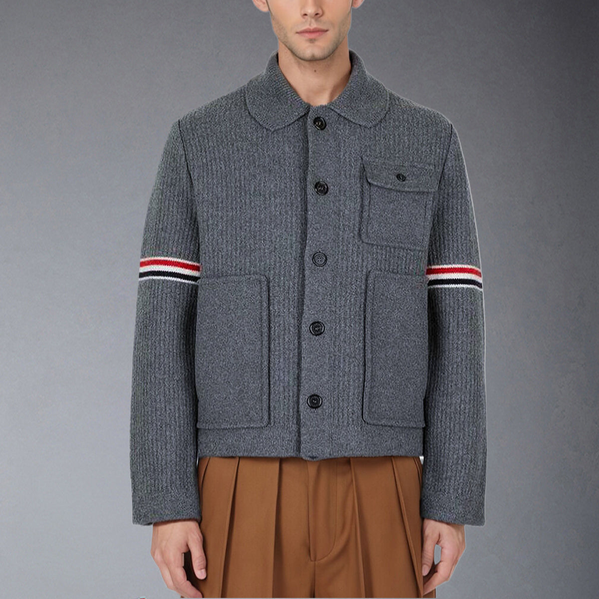 Exclusive Thom Browne 2025SS Wool Coat Jacket — Gray — Size 1/M — Front View