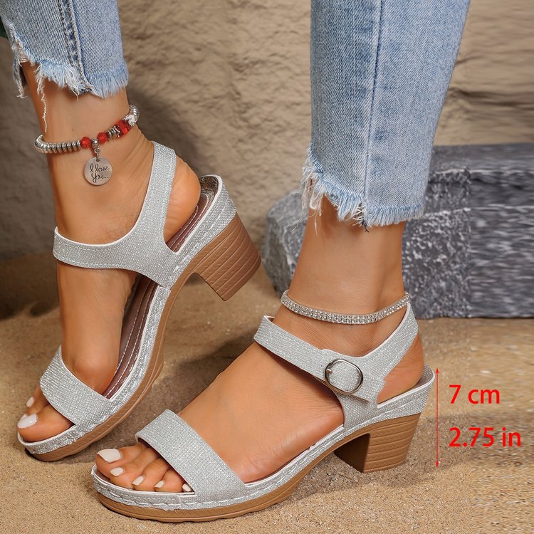 Exclusive Open Toe With Buckle Chunky Heel High Heel Sandals — White — Size 36 — Lifestyle View