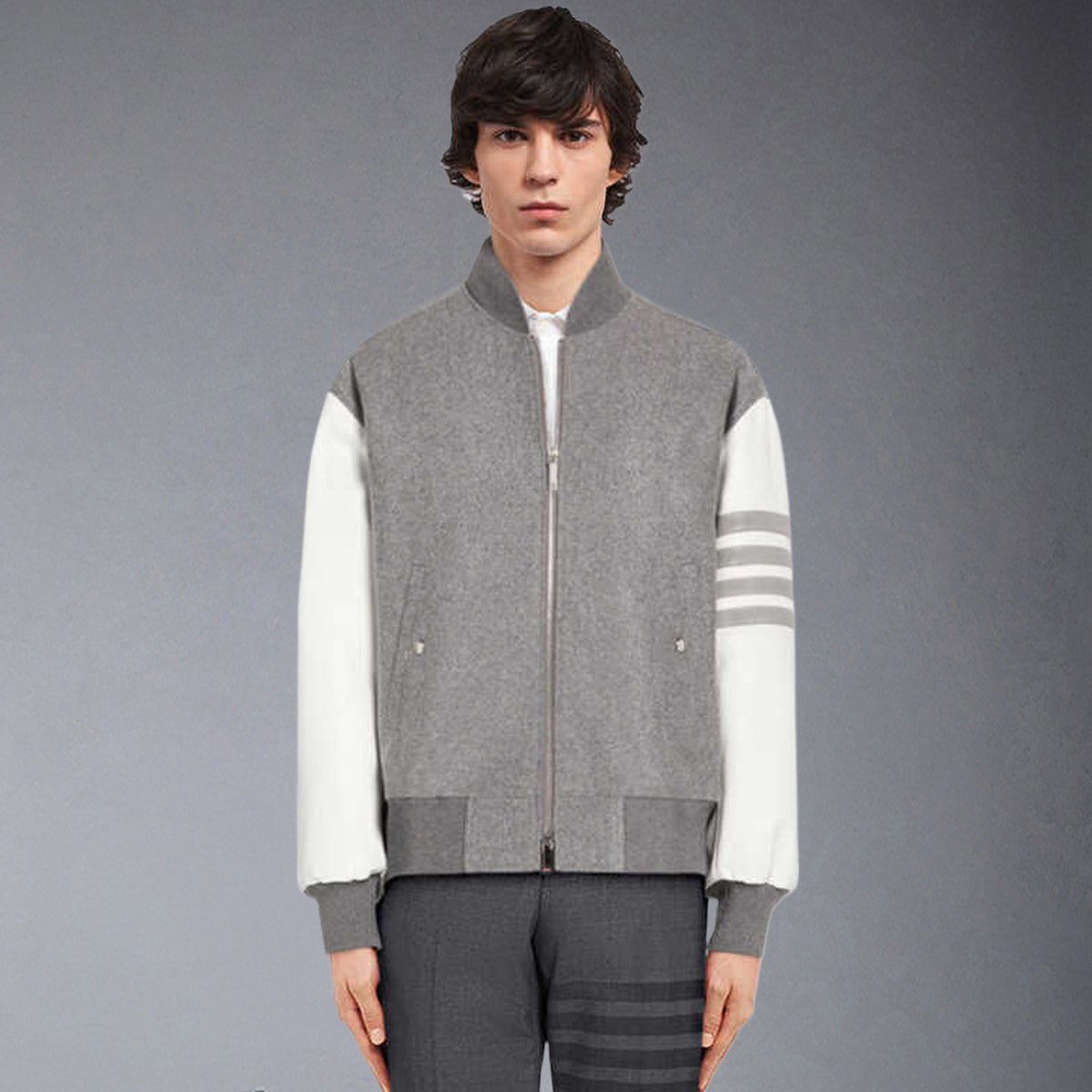 Exclusive Thom Browne Leather sleeves coat — Gray — Size 1/M — Front View