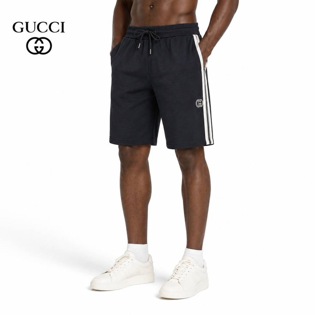 Exclusive Gucci Side Stripe Athletic Shorts in Navy — S — Front View