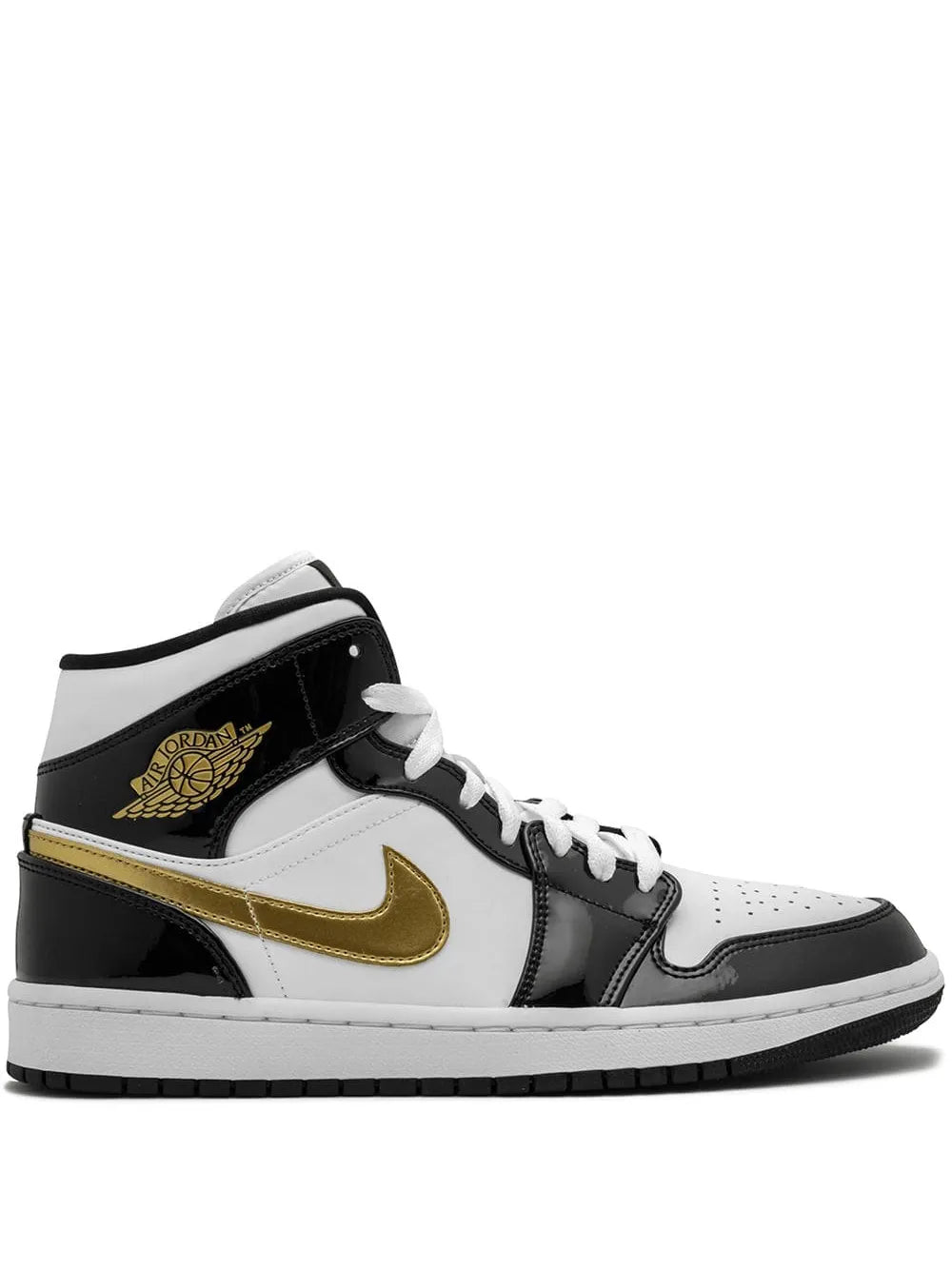 Exclusive Air Jordan 1 Mid Se Black/Gold Patent Leather Sneakers — Same as shown — Size US M 11.5 - US W 13 — Front View