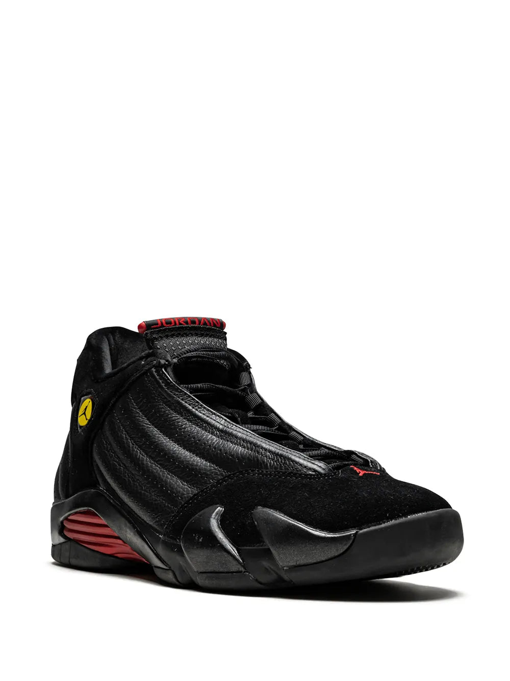 Exclusive Air Jordan 14 Retro Last Shot 2005 Release Sneakers — Black/Red — Size US M 4.5 - US W 6 — Side View