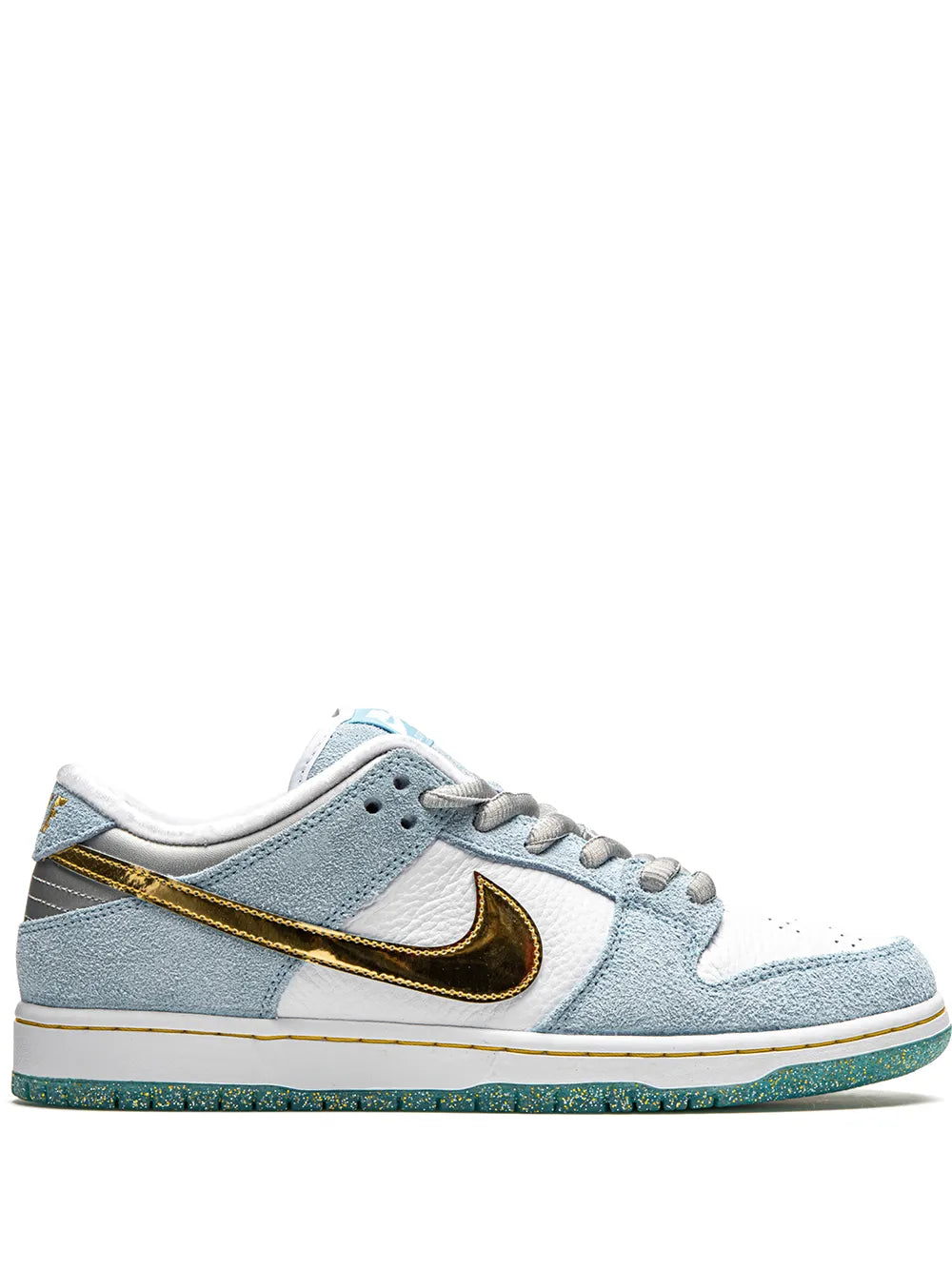 Exclusive Nike X Sean Cliver Sb Dunk Low Holiday Special Sneakers — Blue/White/Metallic Gold — Size US M 6 - US W 7.5 — Front View
