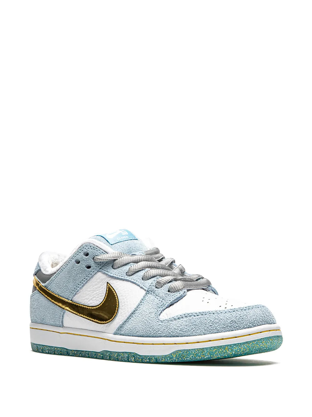 Exclusive Nike X Sean Cliver Sb Dunk Low Holiday Special Sneakers — Blue/White/Metallic Gold — Size US M 6 - US W 7.5 — Side View