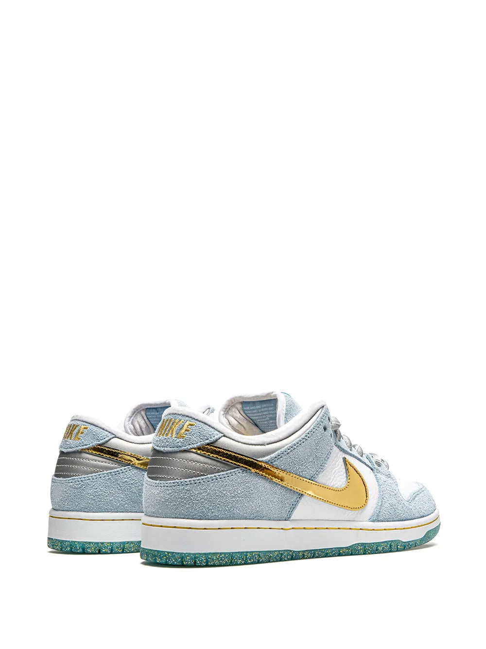 Exclusive Nike X Sean Cliver Sb Dunk Low Holiday Special Sneakers — Blue/White/Metallic Gold — Size US M 6 - US W 7.5 — Back View