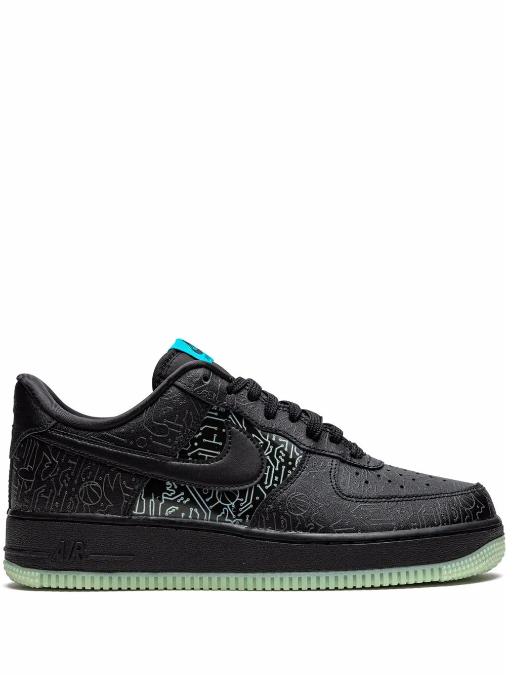 Exclusive Nike X Sapce Jam Air Force 1 Low Computer Chip Sneakers — Black — Size US M 6 - US W 7.5 — Front View