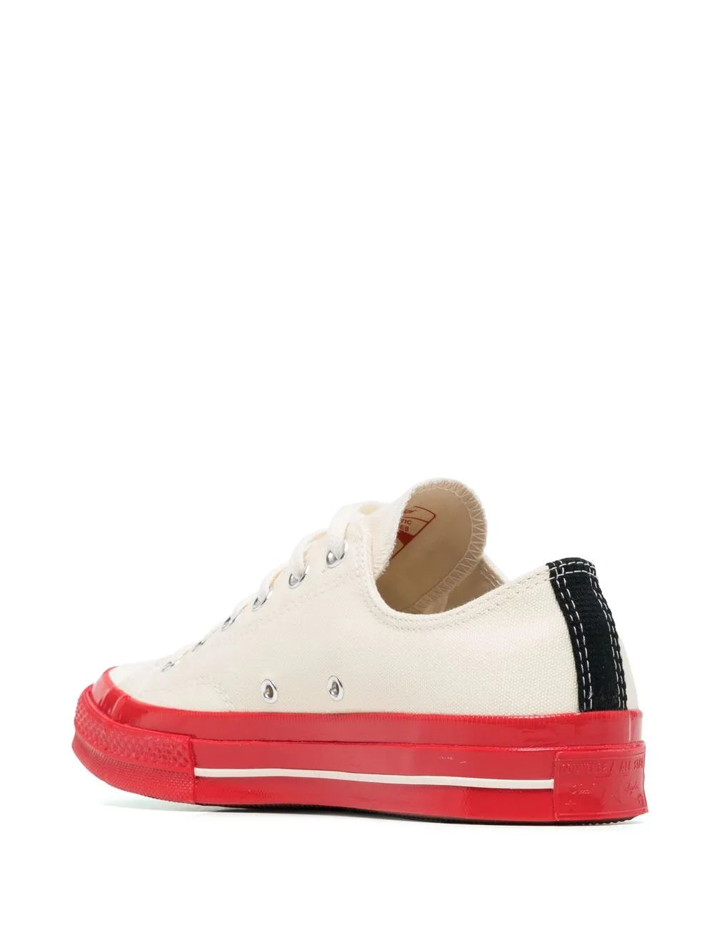Exclusive Comme Des Gar ns Play X Converse Chuck 70 Low-Top Sneakers — Off-White/Red — Size US M 5 - US W 6.5 — Back View