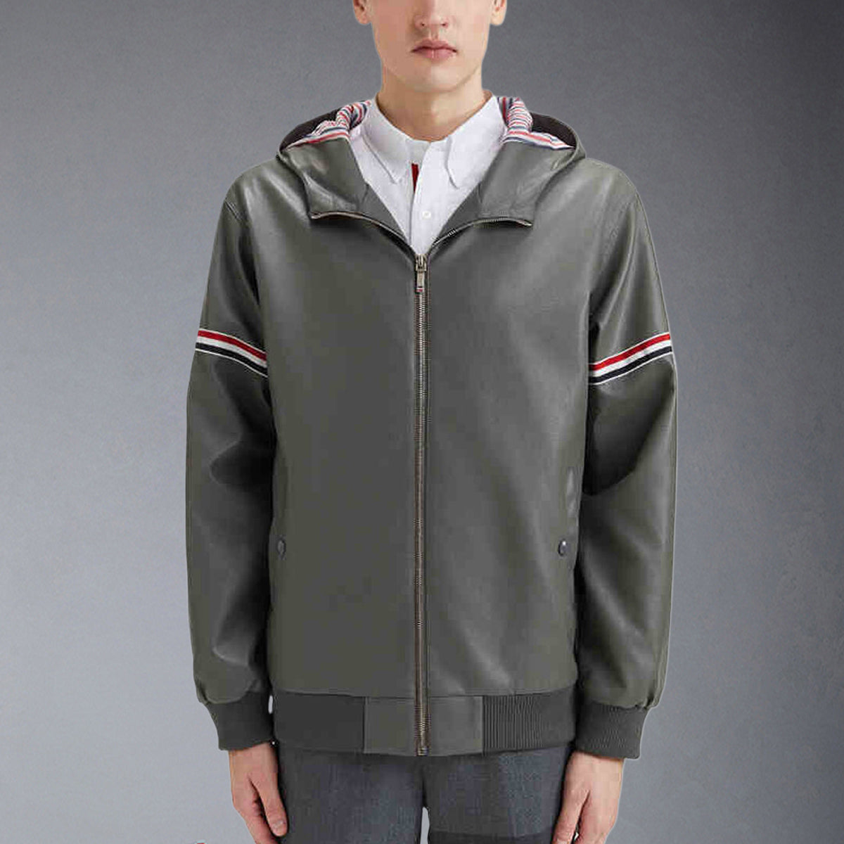 Exclusive Thom Browne 2025ssLeather Jacket — Gray — Size 1/M — Front View