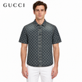 Exclusive Gucci GG Monogram Washed Denim Short-Sleeve Shirt — 46 — Front View