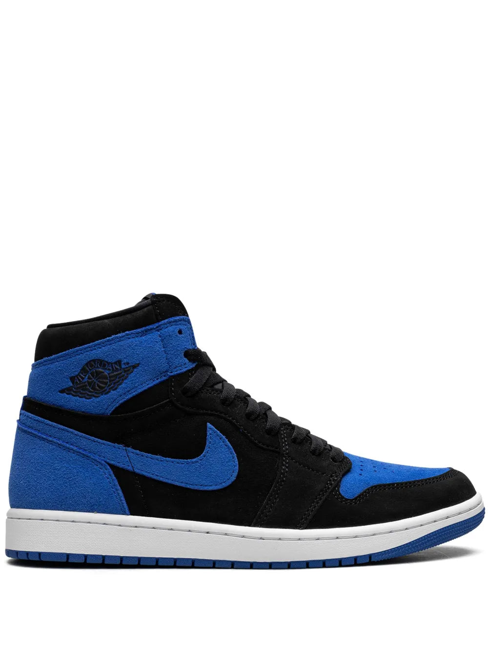 Exclusive Air Jordan 1 Royal Reimagined Sneakers — Black/Royal Blue — Size US M 11.5 - US W 13 — Front View