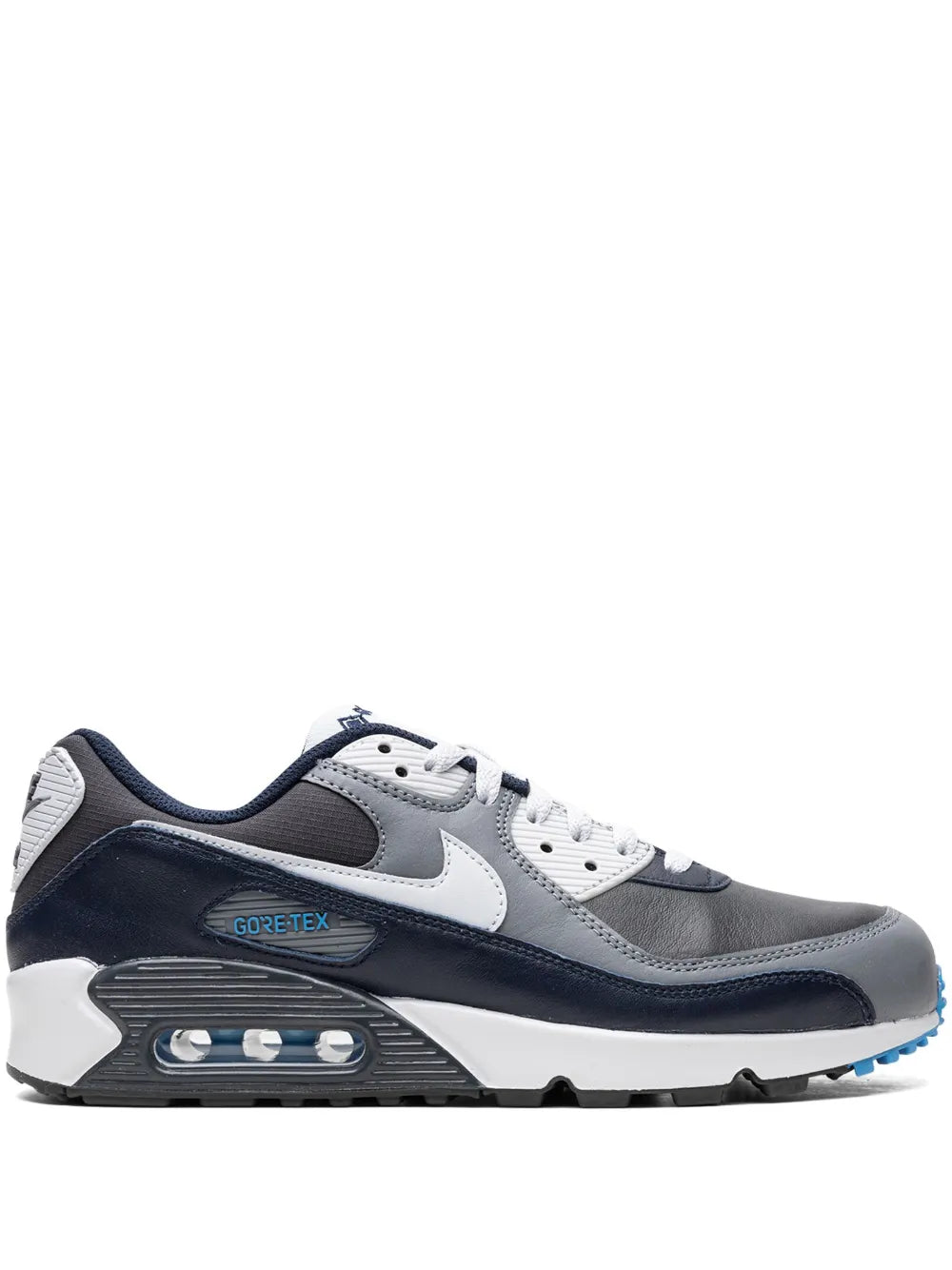 Exclusive Air Max 90 Gore-Tex Sneakers — Anthracite Grey/Navy Blue/White — Size US M 7 - US W 8.5 — Front View