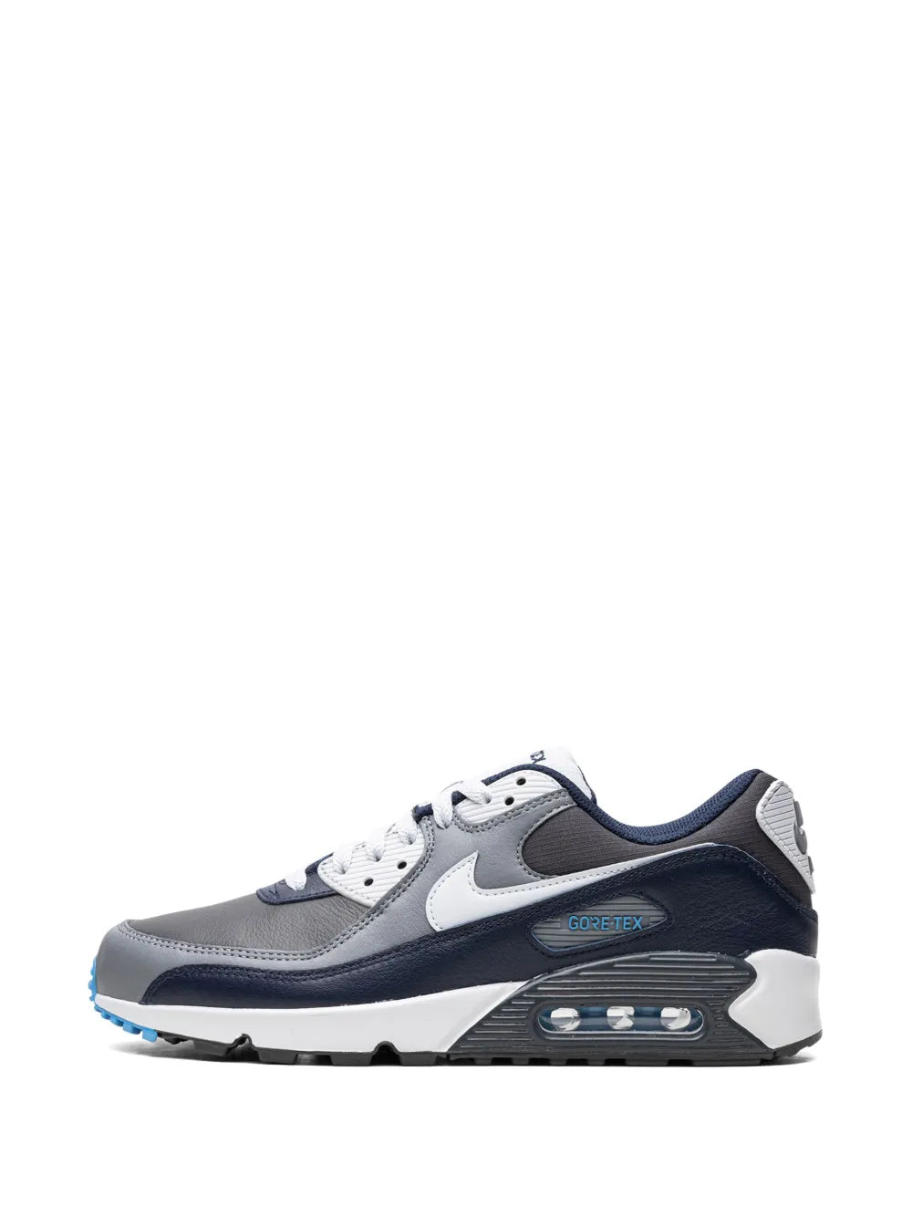 Exclusive Air Max 90 Gore-Tex Sneakers — Anthracite Grey/Navy Blue/White — Size US M 7 - US W 8.5 — Detail View