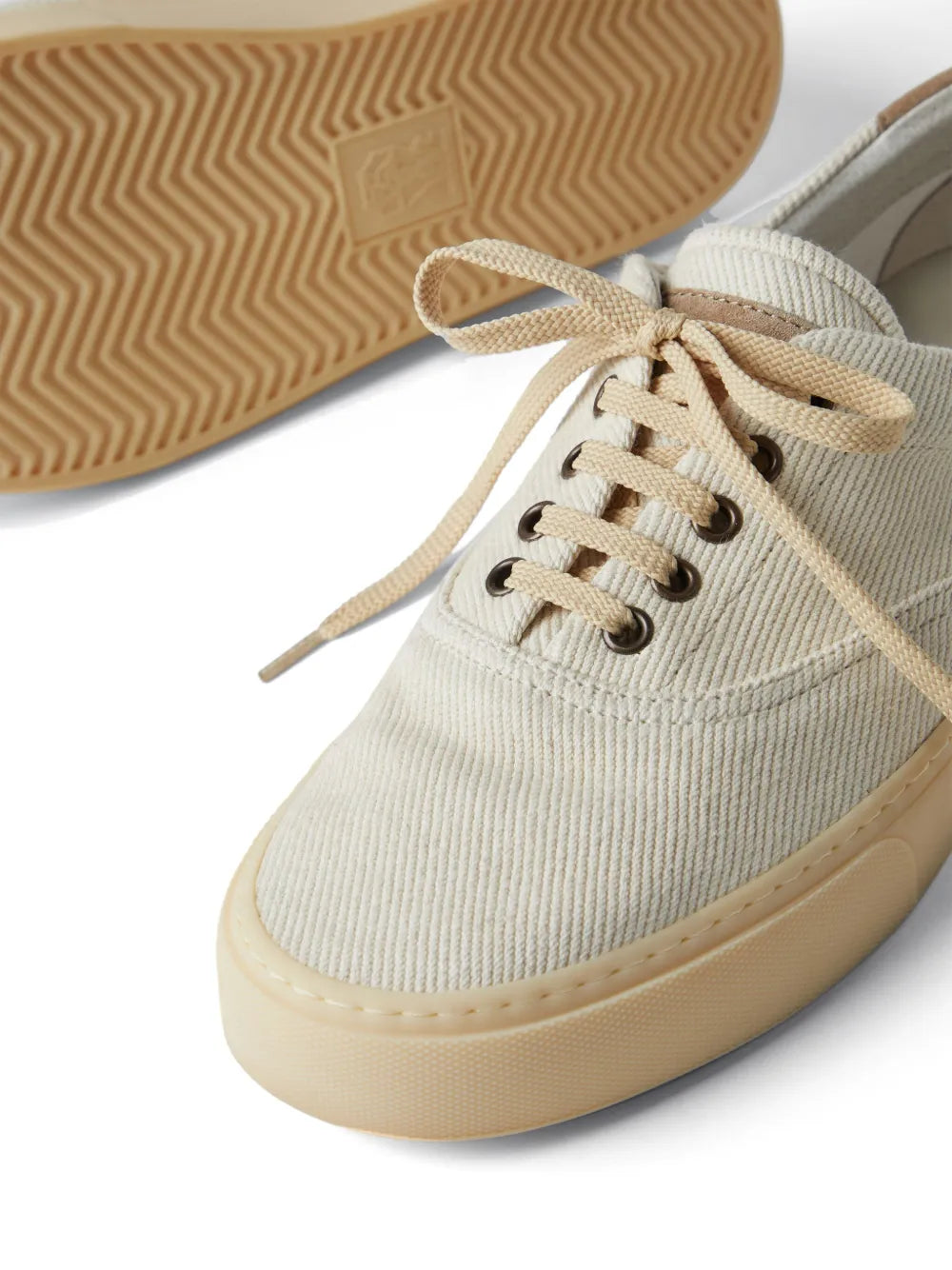 Exclusive Brunello Cucinelli Branded Heel-Counter Cotton Sneakers — Light Beige — Size US M 11 - US W 12.5 — Top View
