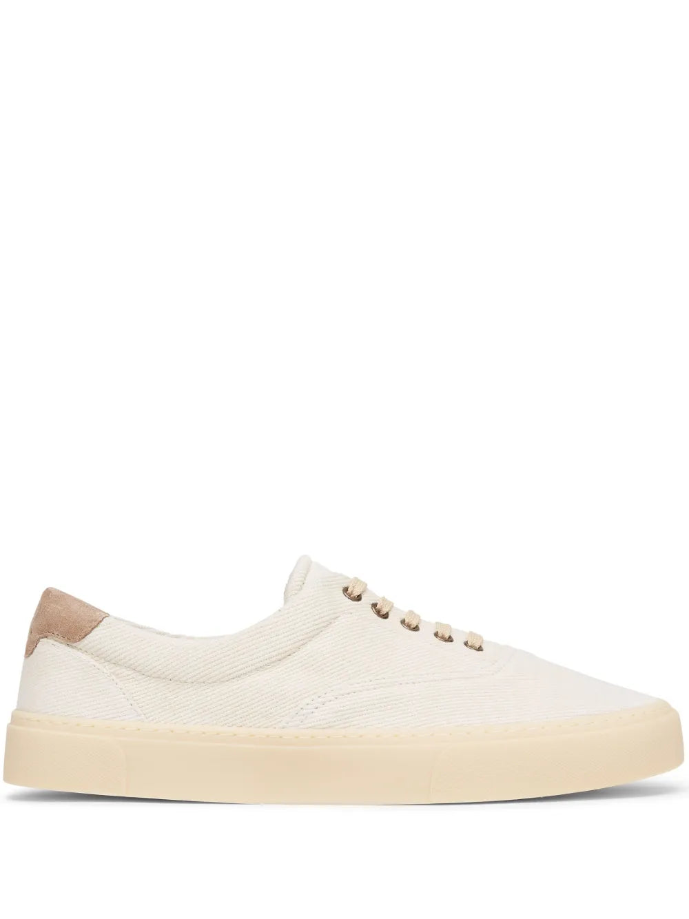Exclusive Brunello Cucinelli Branded Heel-Counter Cotton Sneakers — Light Beige — Size US M 11 - US W 12.5 — Front View