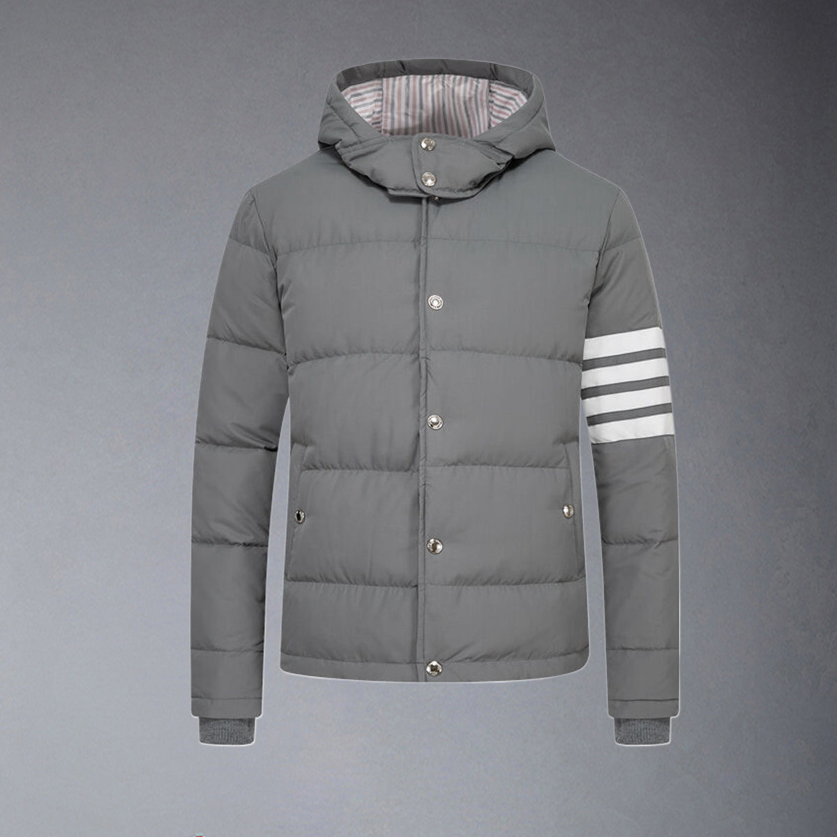 Exclusive Thom Browne Hooded Down Jacket — Gray — Size 1/M — Front View
