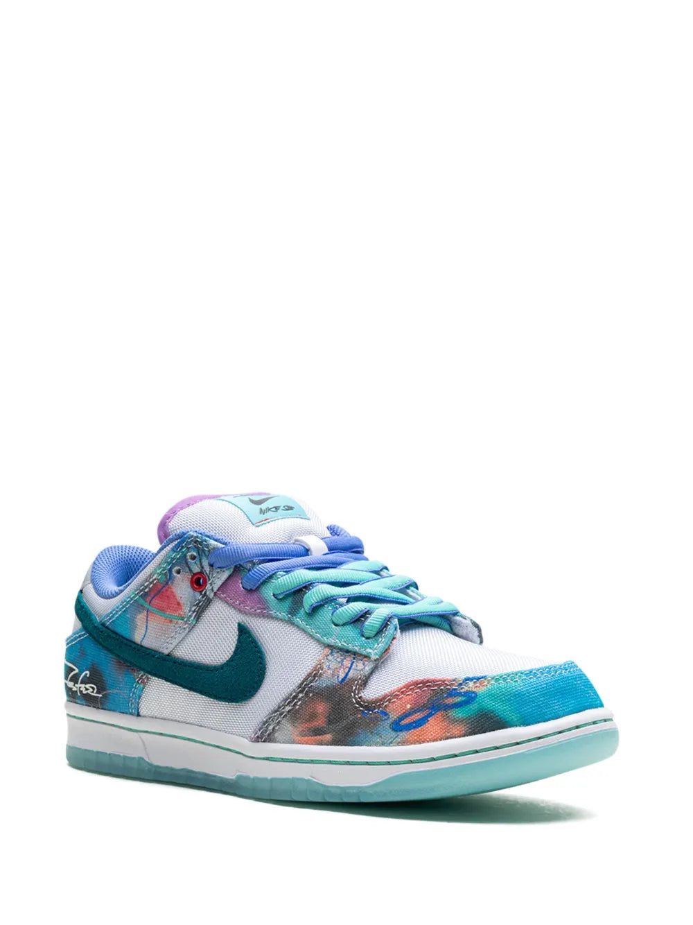 Exclusive Nike X Futura Laboratories Sb Dunk Low Bleached Aqua Sneakers — White/Aqua Blue/Teal Blue — Size US M 3.5 - US W 5 — Side View