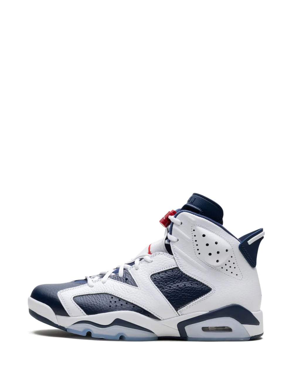 Exclusive Air Jordan 6 Olympic Sneakers — White/Navy Blue — Size US M 6.5 - US W 8 — Detail View