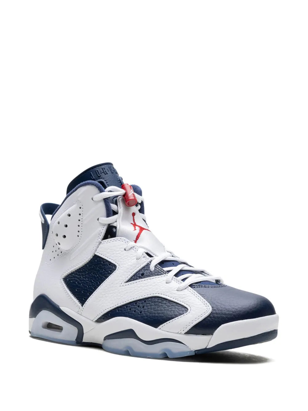 Exclusive Air Jordan 6 Olympic Sneakers — White/Navy Blue — Size US M 6.5 - US W 8 — Side View