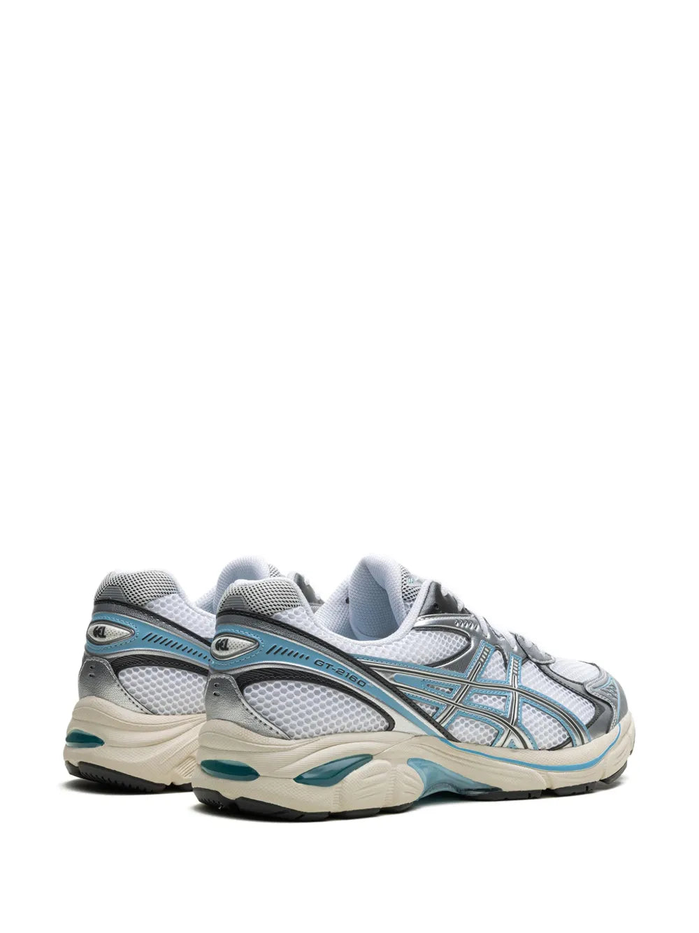 Exclusive Asics Gt-2160 White/Pure Silver Sneakers — White/Silver-Tone/Blue — Size US M 9.5 - US W 11 — Back View