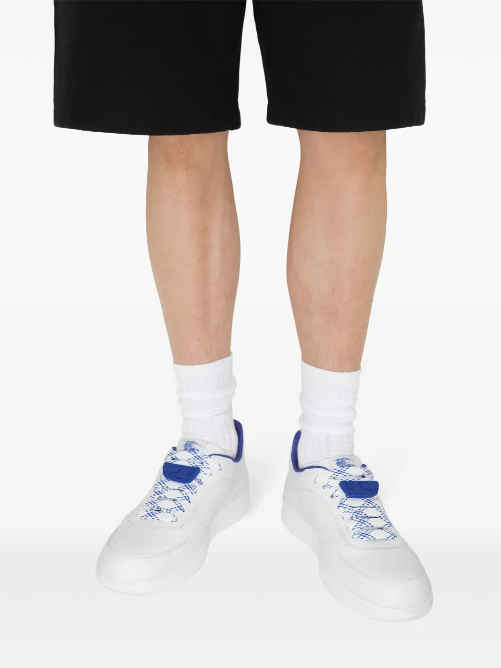 Exclusive Burberry Terrace Leather Sneakers — White/Electric Blue — Size US M 6.5 - US W 8 — Lifestyle View