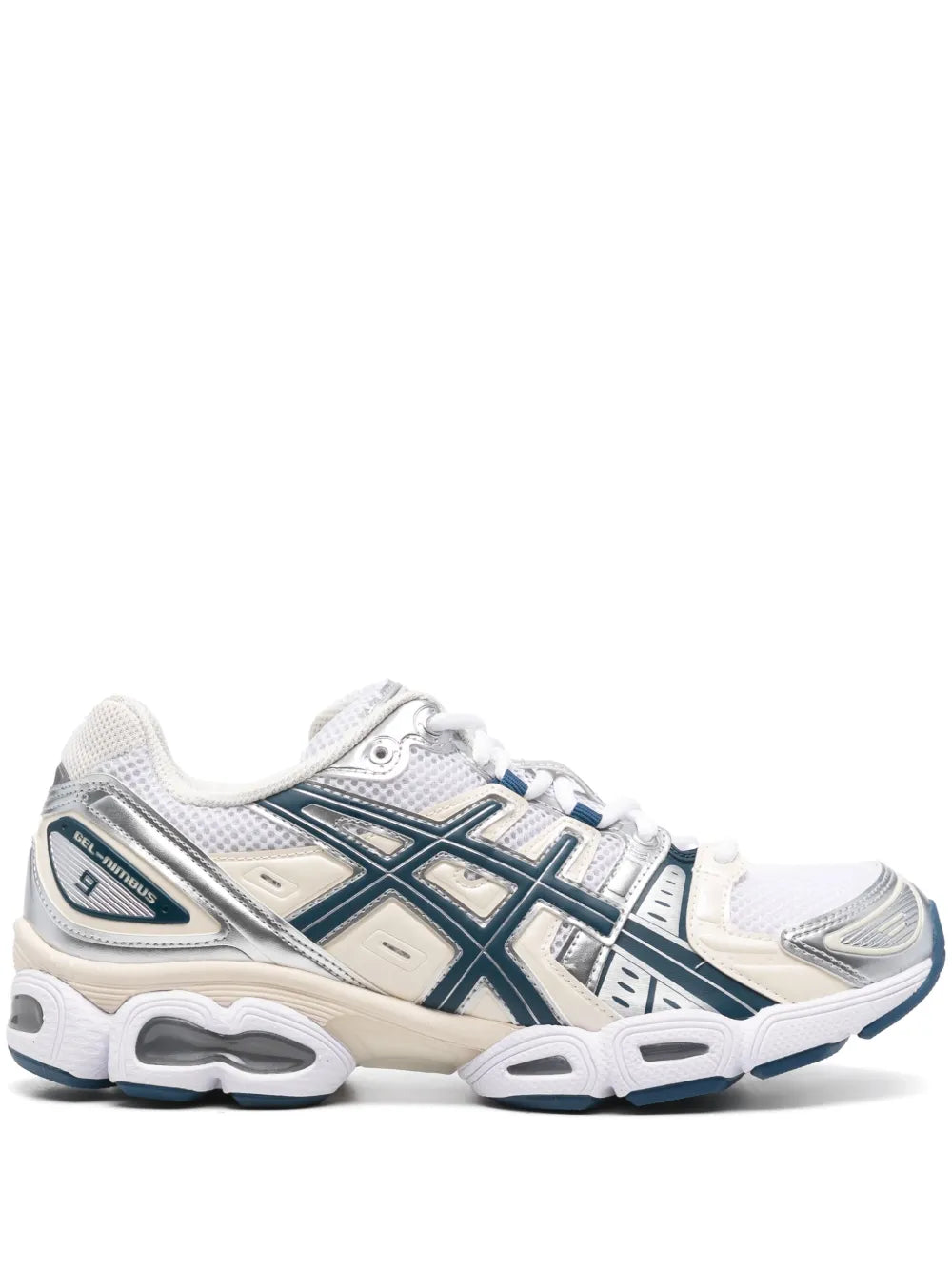 Exclusive Asics Gel Nimbus 9 Sneakers — White/Beige/Blue — Size US M 5 - US W 6.5 — Front View