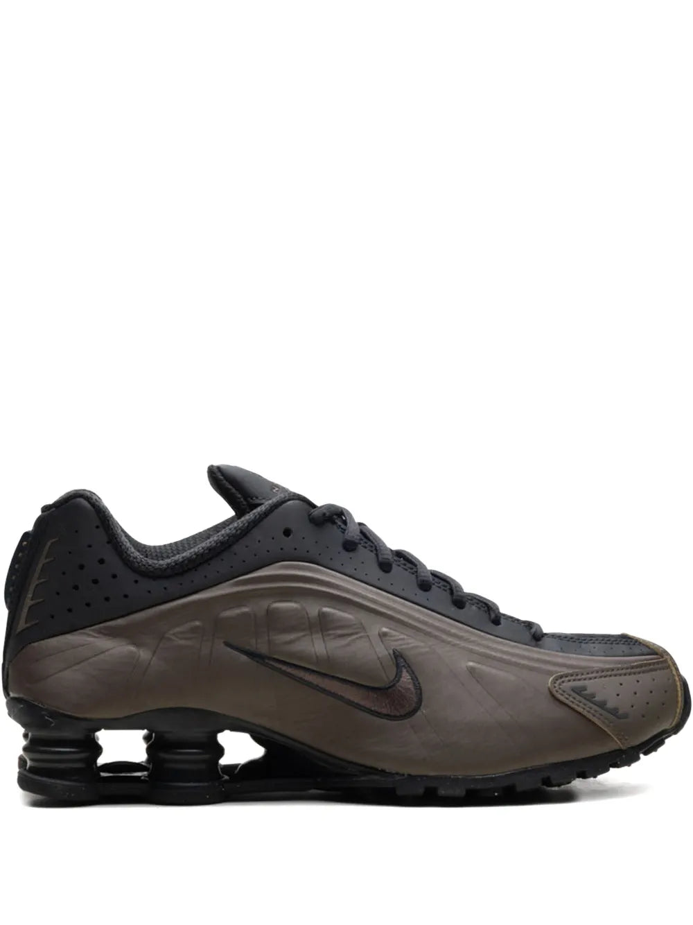 Exclusive Nike Shox R4 Ironstone/Off Noir/Off Noir Sneakers — Chestnut Brown — Size US M 7 - US W 8.5 — Front View