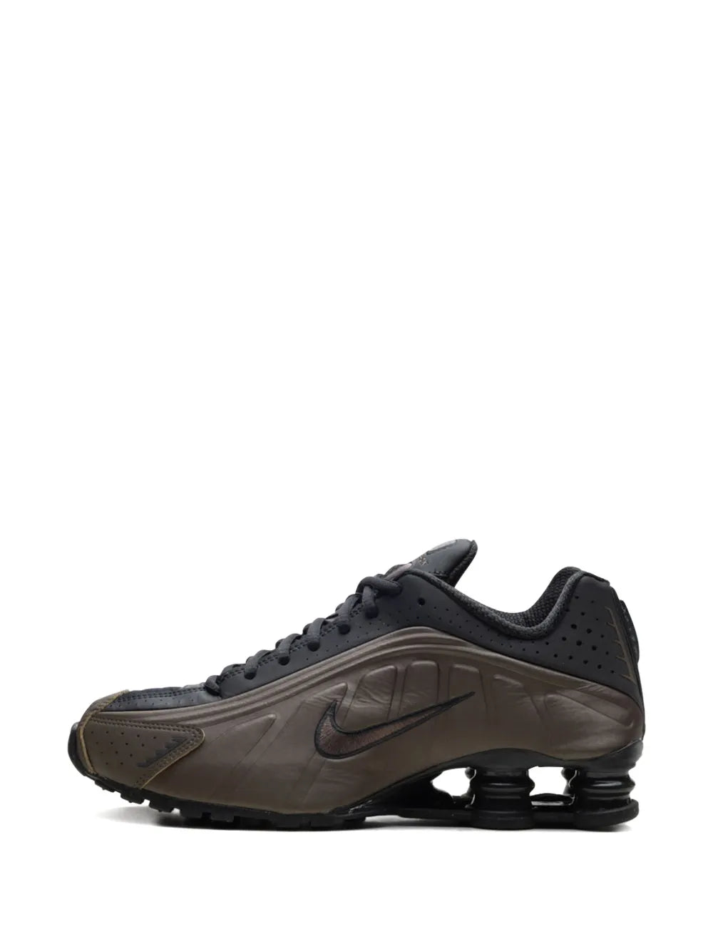 Exclusive Nike Shox R4 Ironstone/Off Noir/Off Noir Sneakers — Chestnut Brown — Size US M 7 - US W 8.5 — Detail View