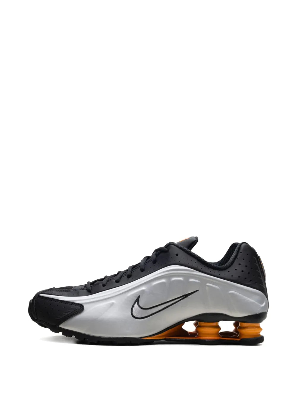 Exclusive Nike Shox R4 Black/Vast Grey/Bright Mandarin/Metallic Silver Sneakers — Medium Grey — Size US M 7 - US W 8.5 — Top View