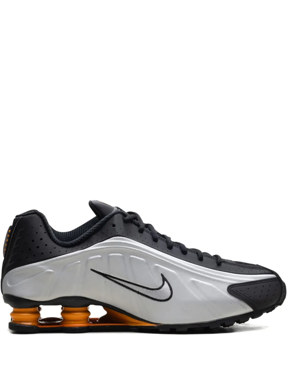 Exclusive Nike Shox R4 Black/Vast Grey/Bright Mandarin/Metallic Silver Sneakers — Medium Grey — Size US M 7 - US W 8.5 — Front View