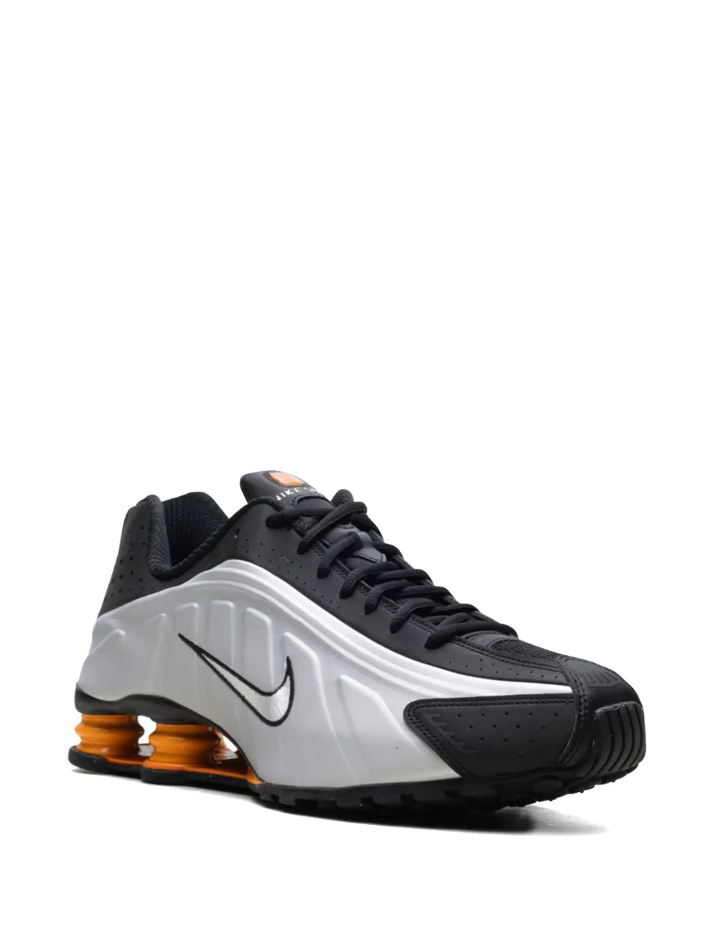 Exclusive Nike Shox R4 Black/Vast Grey/Bright Mandarin/Metallic Silver Sneakers — Medium Grey — Size US M 7 - US W 8.5 — Side View