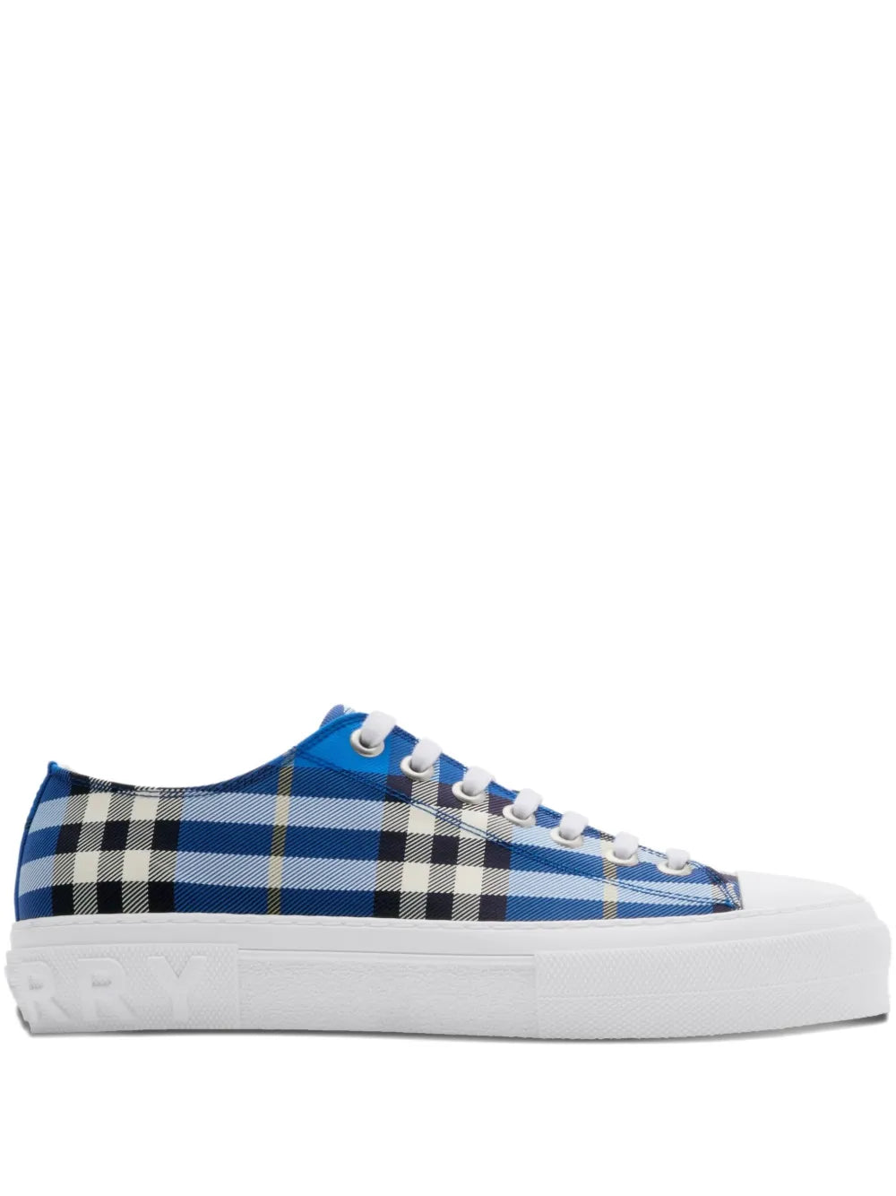 Exclusive Burberry Checked Sneakers — Blue — Size US M 9.5 - US W 11 — Front View