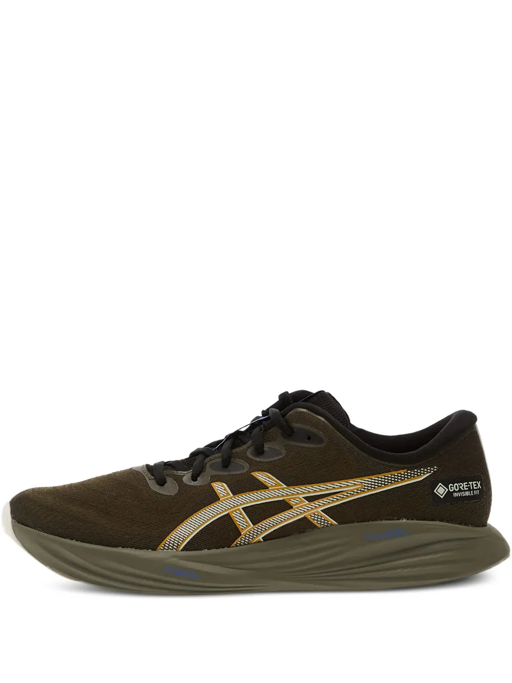Exclusive Asics Gel-Cumulus 27 Gtx Sneakers — Brown/Green — Size US M 4 - US W 5.5 — Front View