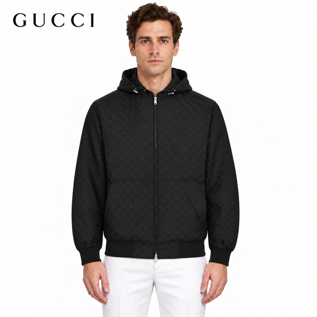 Exclusive Gucci Textured Bomber Hoodie Jacket – Black & Military Green — Black — Size 46 — Front View