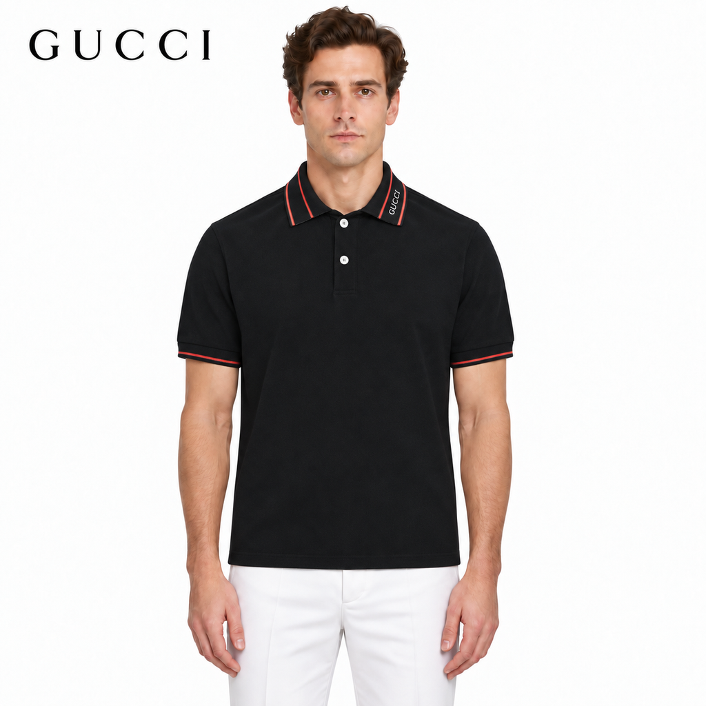 Exclusive Gucci Logo Embroidered Polo Shirt – Black / White Piqué Cotton — Black — Size XS — Front View