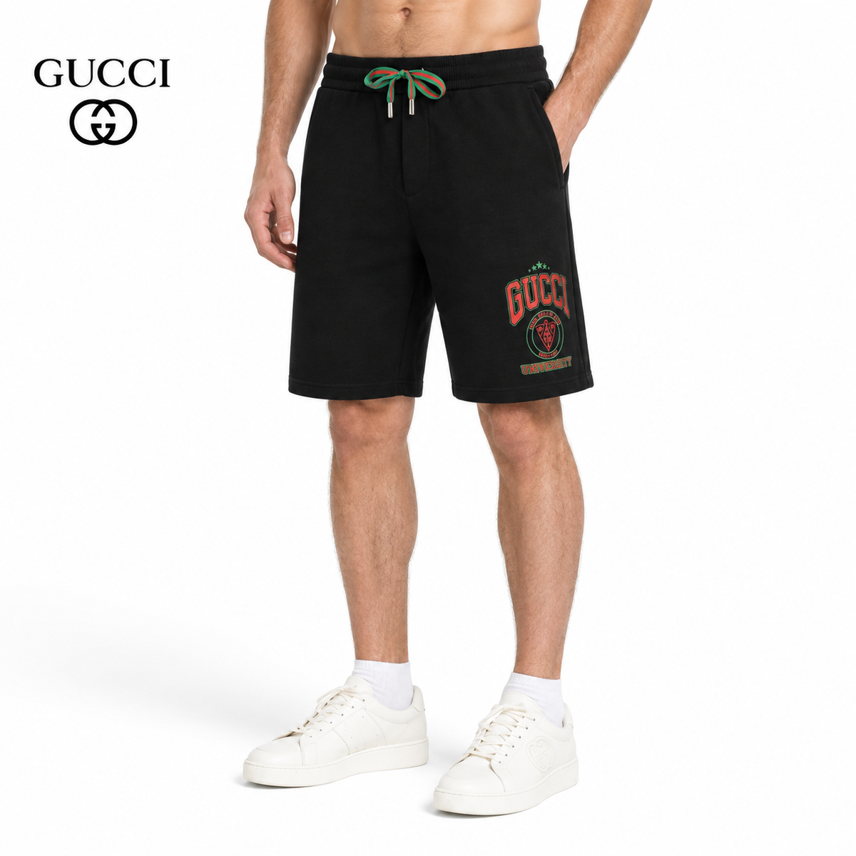 Exclusive Gucci University Crest Sweat Shorts — White — Size M — Front View