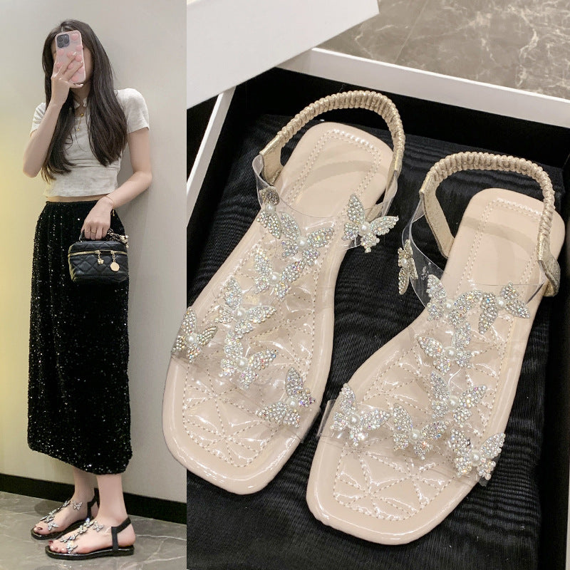 Exclusive Roman Fairy Style With Skirt Soft Bottom Seaside Beach Shoes — Beige — Size 35 — Front View