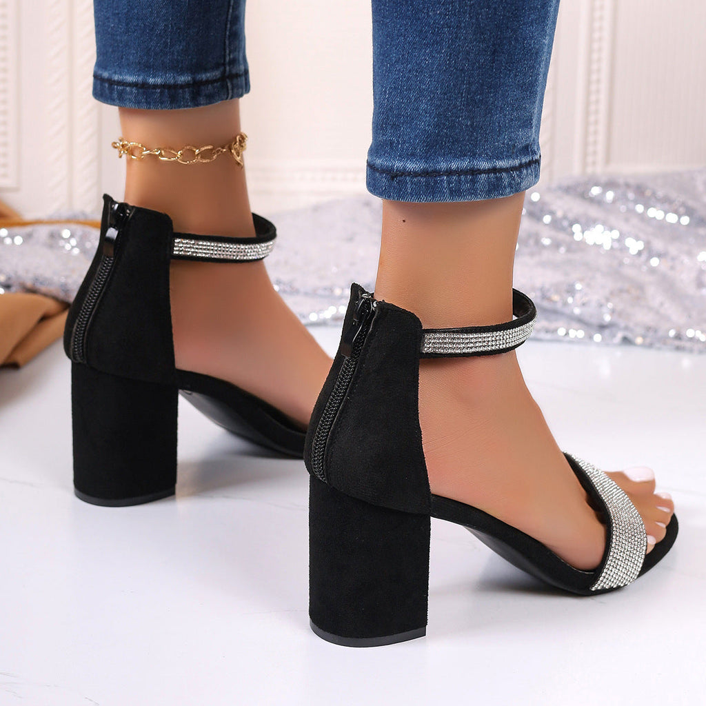 Exclusive Rhinestone High Heel Sandals Summer Chunky Square Heel Sandals Open Toe Strappy Shoes — Black — Size Size36 — Side View