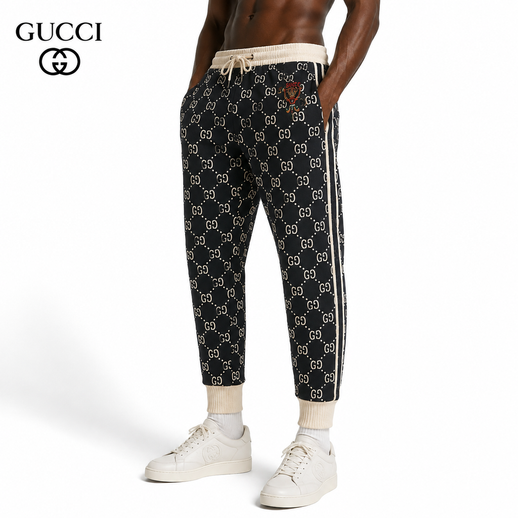 Exclusive Gucci GG Monogram Jogger Pants with Embroidered Crest — S — Front View