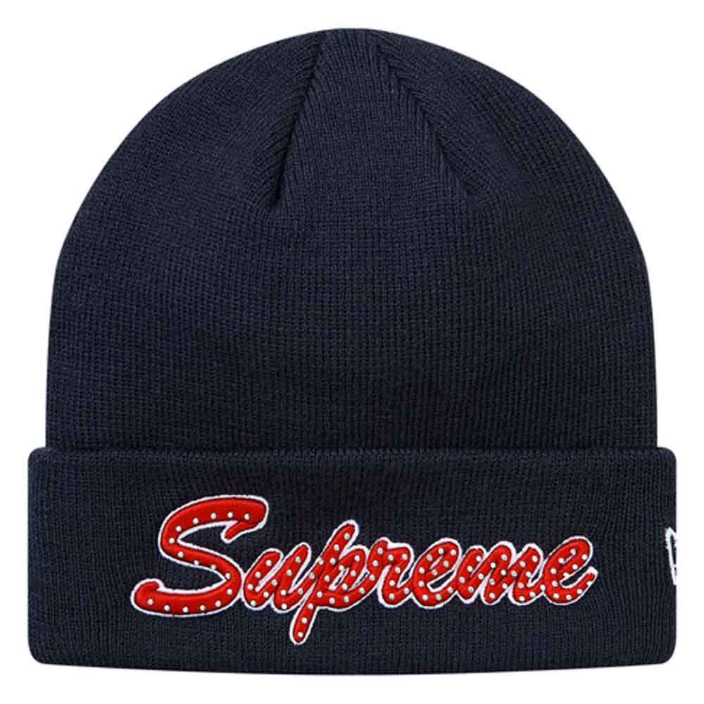 Exclusive Supreme New Era Script Beanie (FW18) Navy — Front View