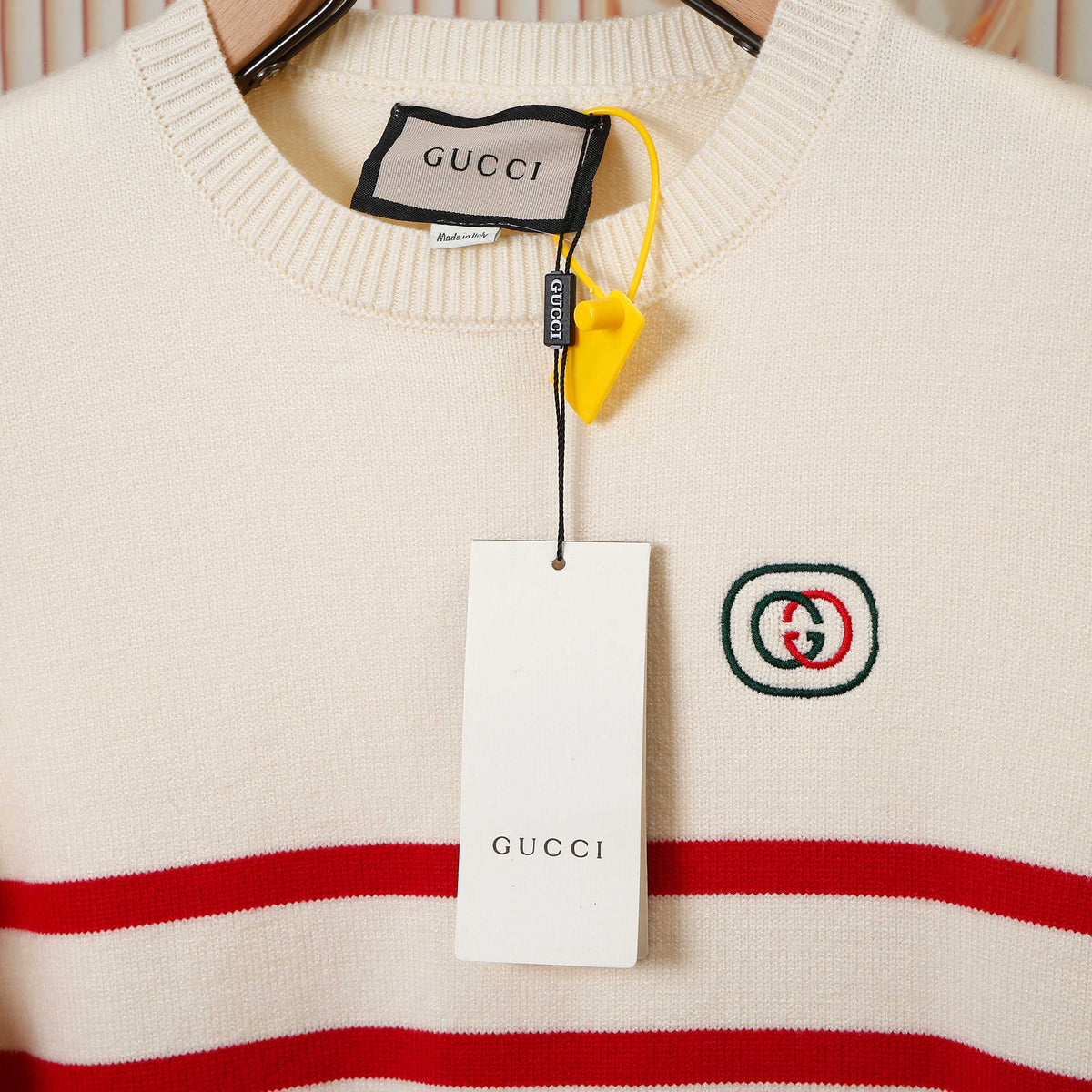 Exclusive Gucci Unisex G8311 Embroidered Striped Sweater — S — Top View