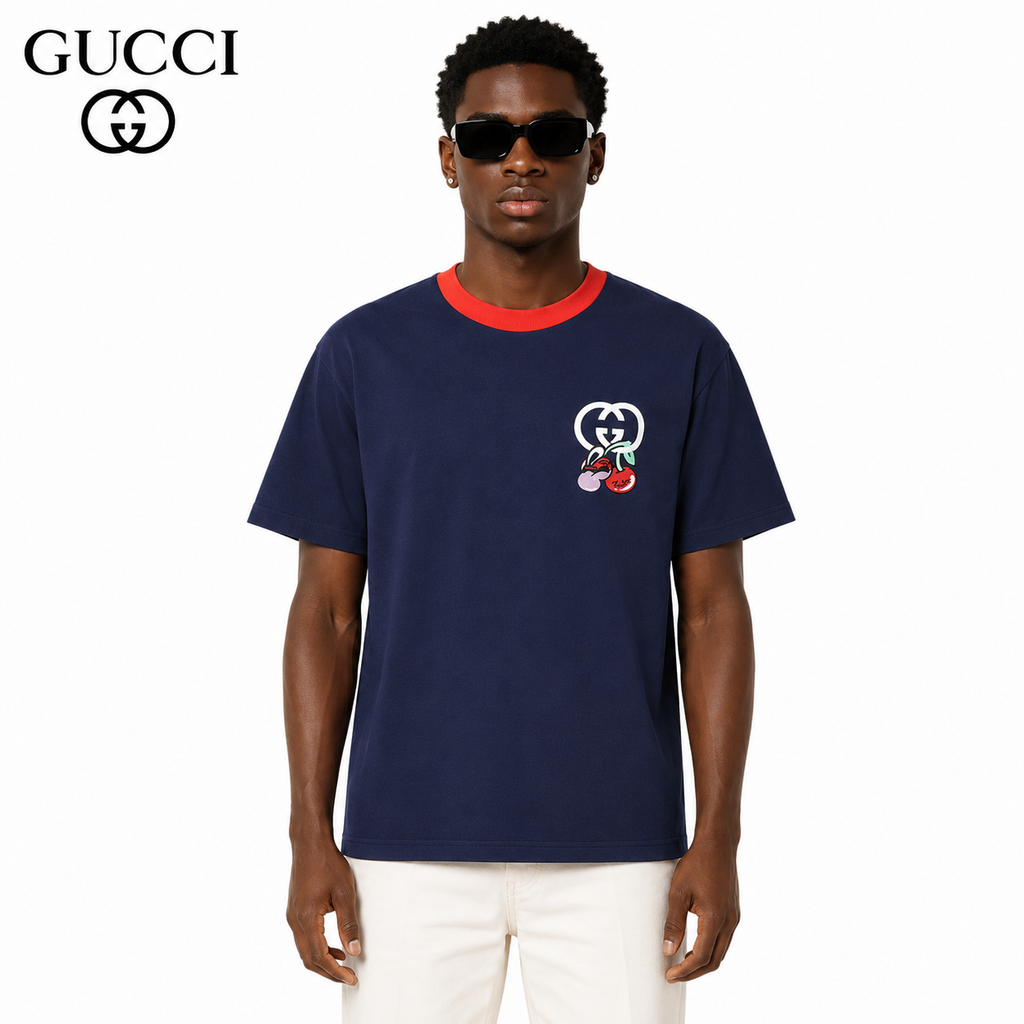 Exclusive Gucci GG Cherry Embroidered T-Shirt — Blue — Size XS — Front View
