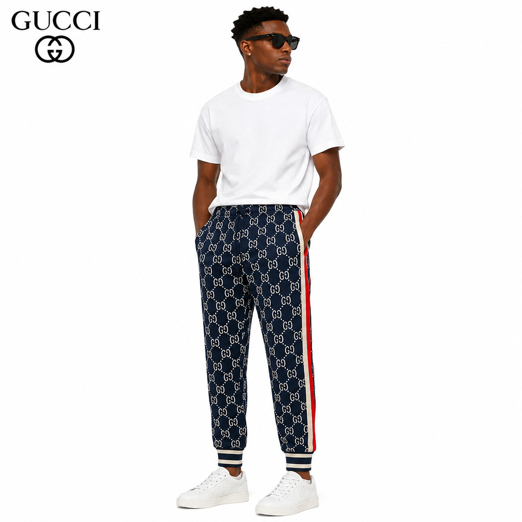 Exclusive Gucci GG Monogram Jogger Pants – Navy Blue with Web Stripe — XS — Front View