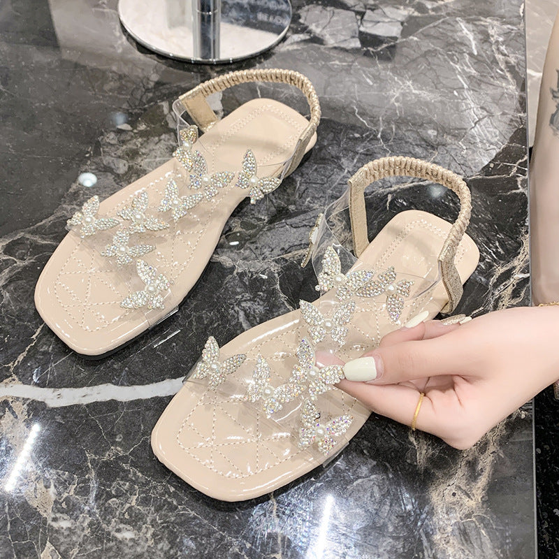 Exclusive Roman Fairy Style With Skirt Soft Bottom Seaside Beach Shoes — Beige — Size 35 — Top View