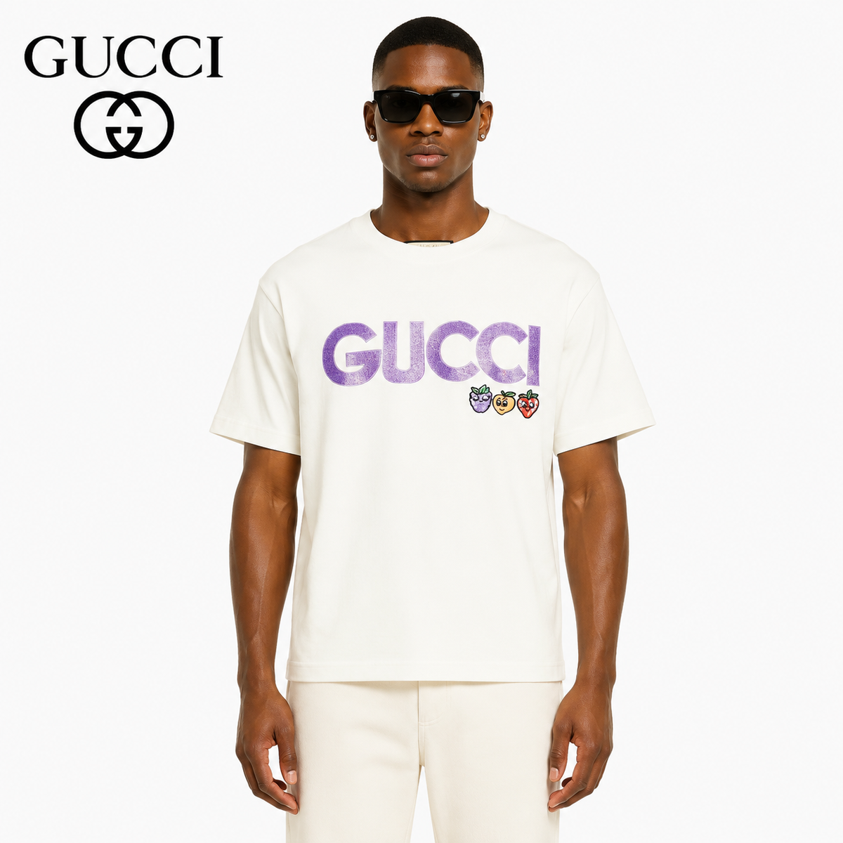Exclusive Gucci Logo Fruit Embroidery T-Shirt — Color 1 — Size XS — Front View