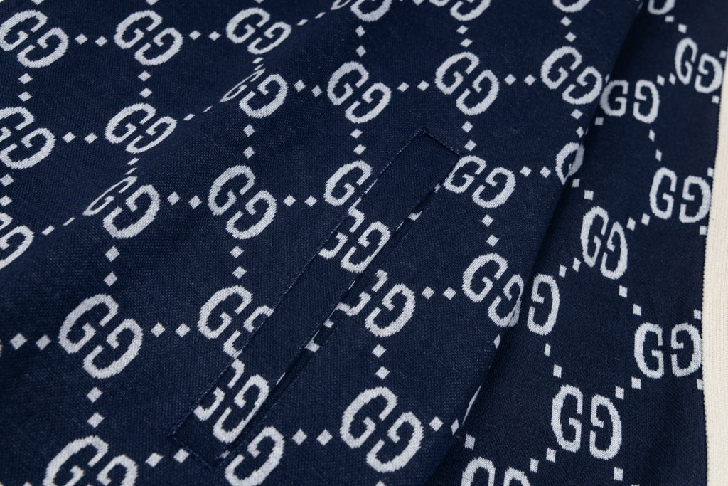 Exclusive Gucci GG Monogram Jogger Pants – Navy Blue with Web Stripe — XS — Detail View