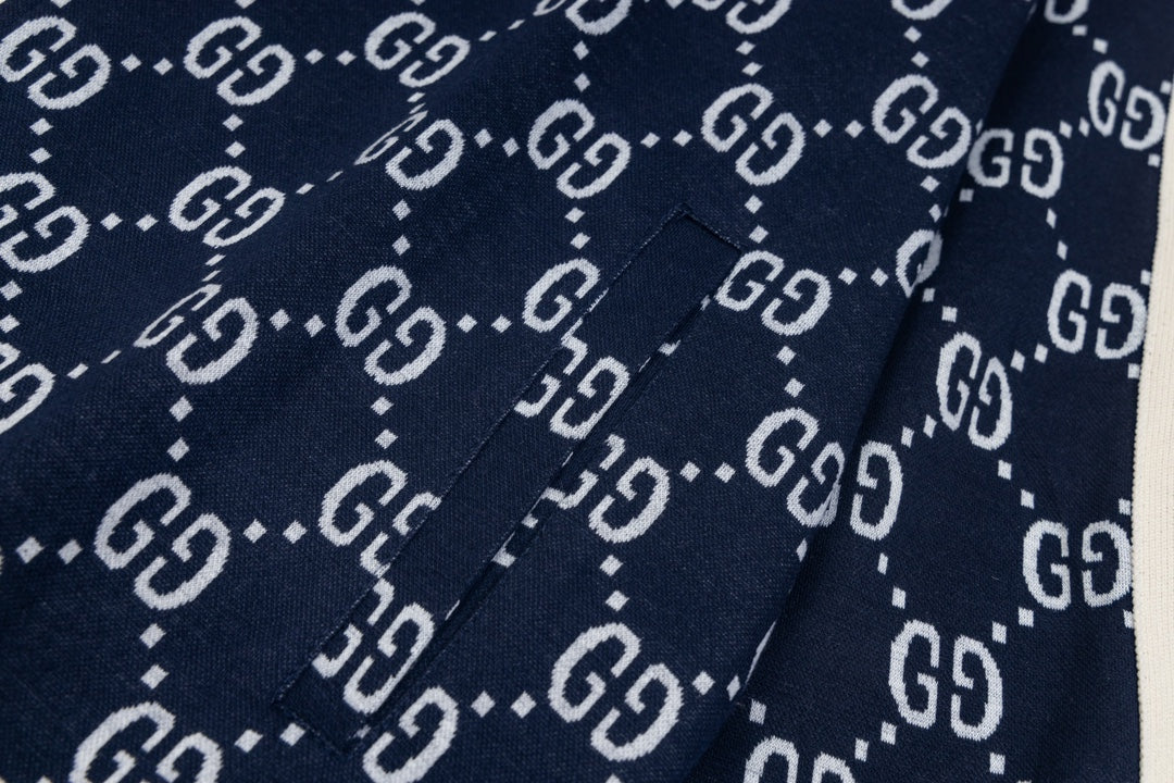 Exclusive Gucci GG Monogram Jogger Pants – Navy Blue with Web Stripe — XS — Detail View