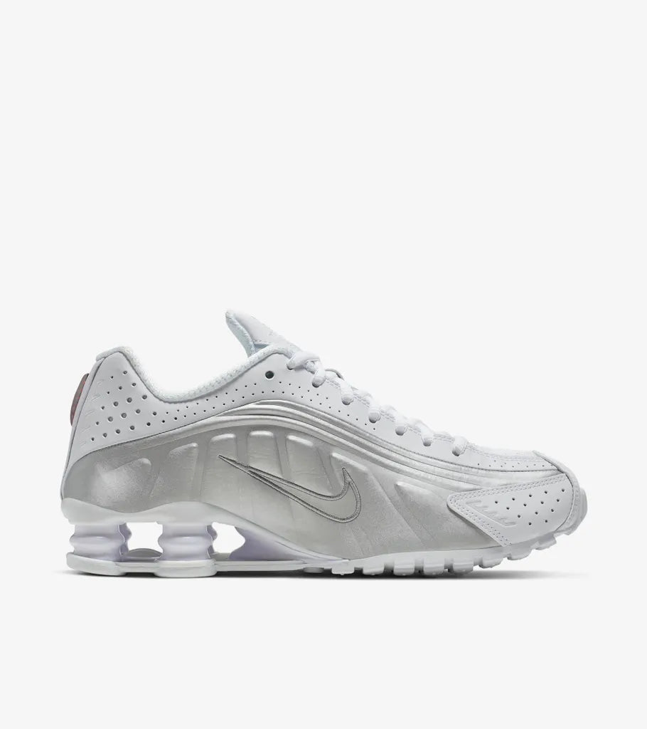 Exclusive Shox R4 White and Metallic Silver — White and Metallic Silver — Size US M 5.5 - UK 5 - EUR 38 — Detail View